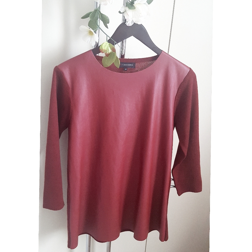JB🥀Faux Leather🥀Maroon Knit Back 3/4 Sleeve Top
